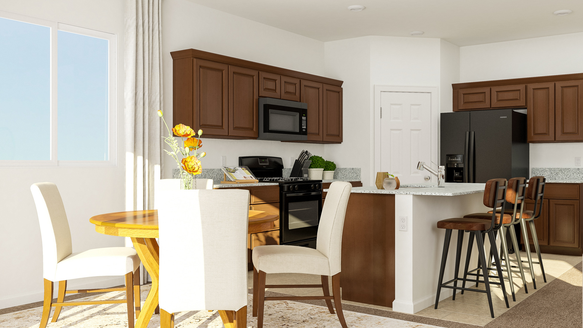 A kitchen with a dining table and chairs.