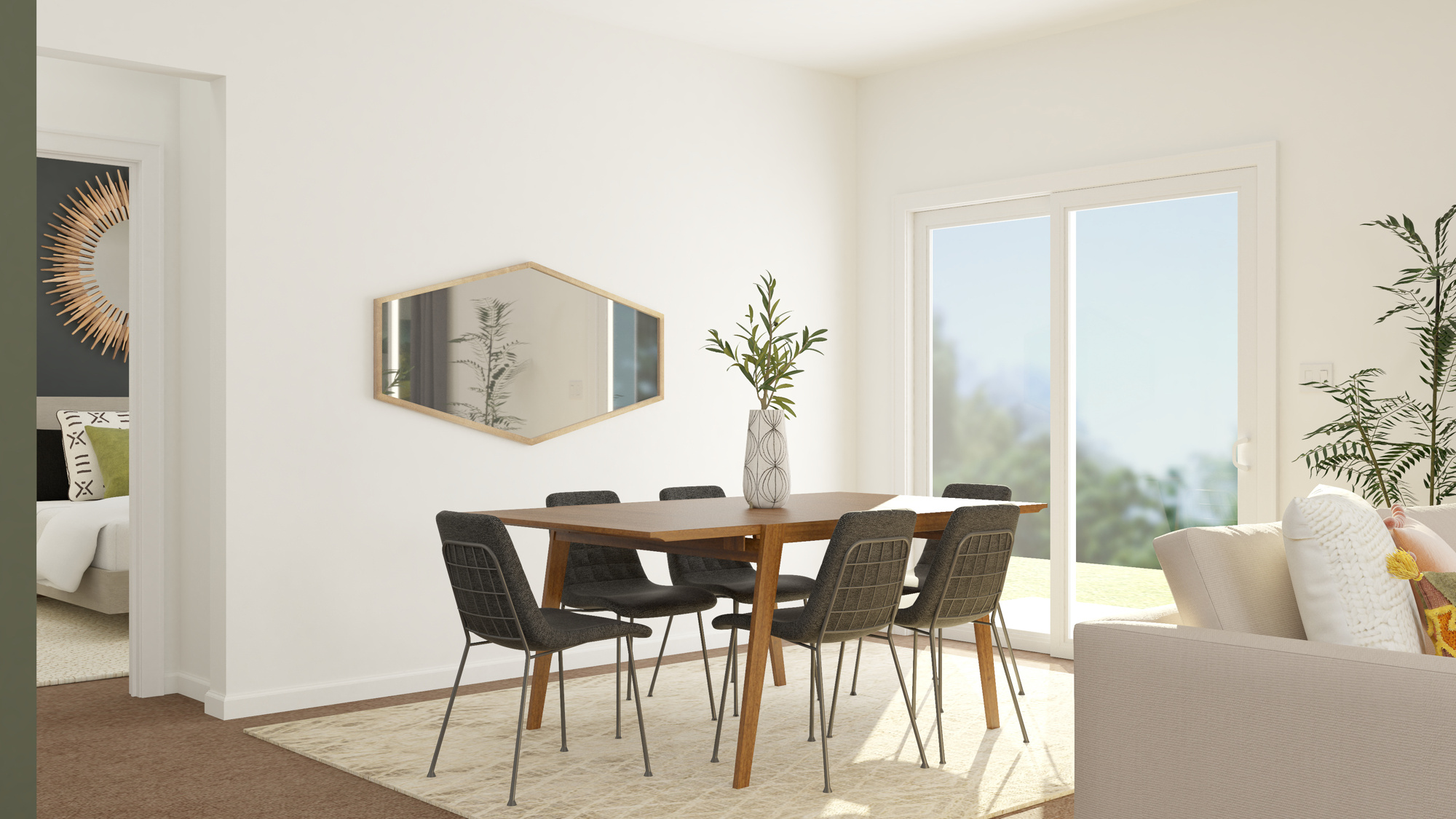 A dining room table with chairs.