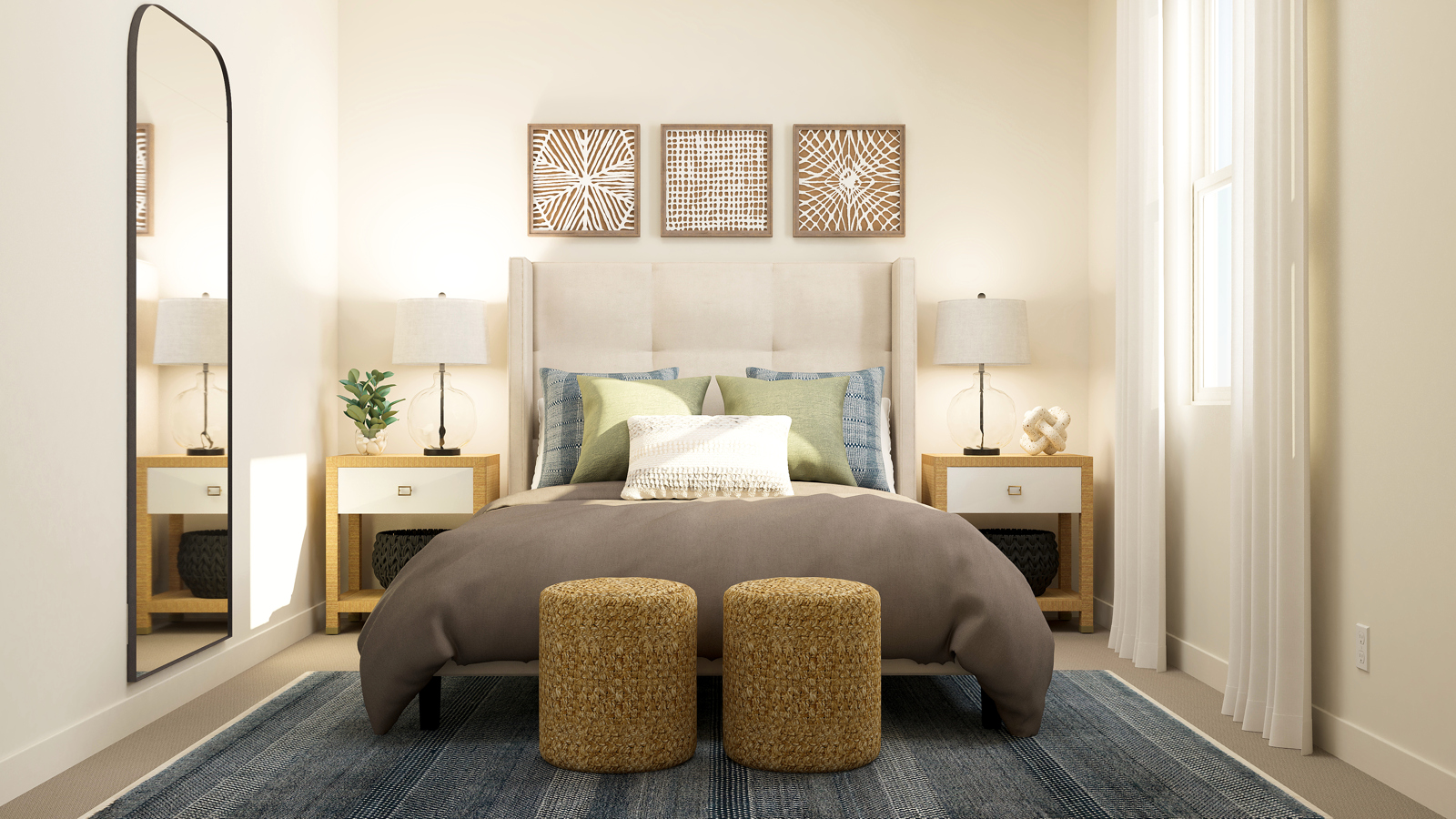 A room with a couch and lamps.