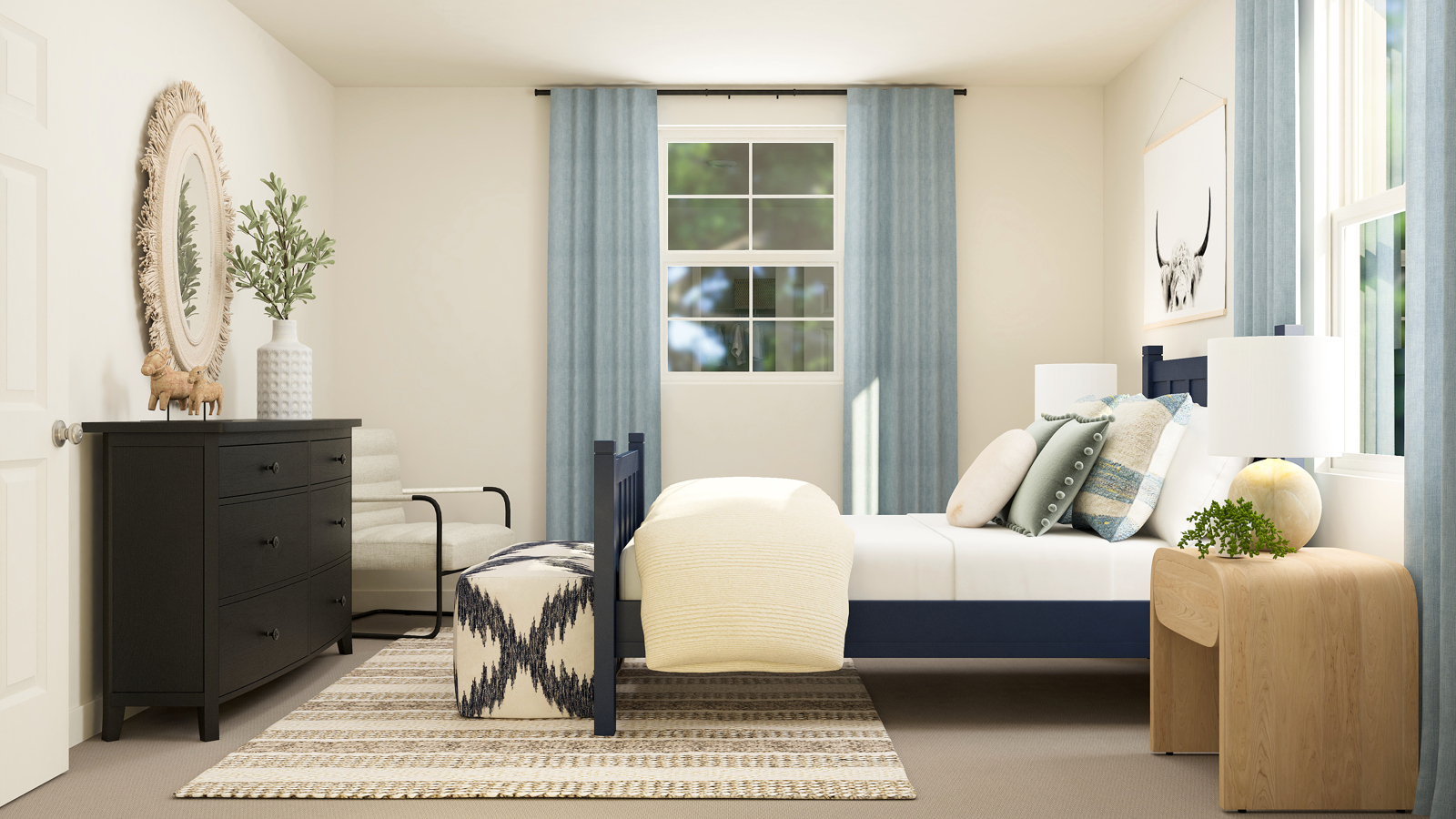 A room with a bed and a chair.