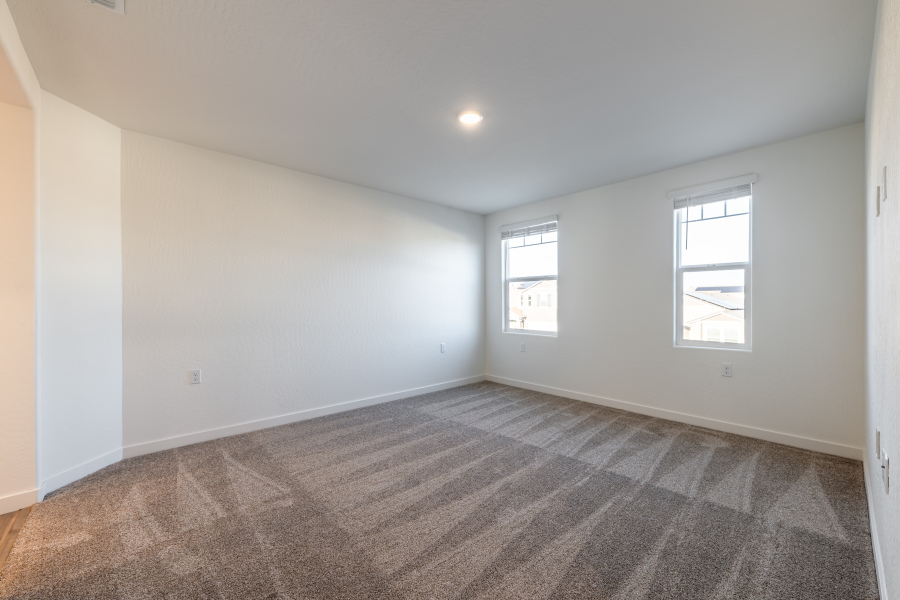 A room with a carpet and windows.