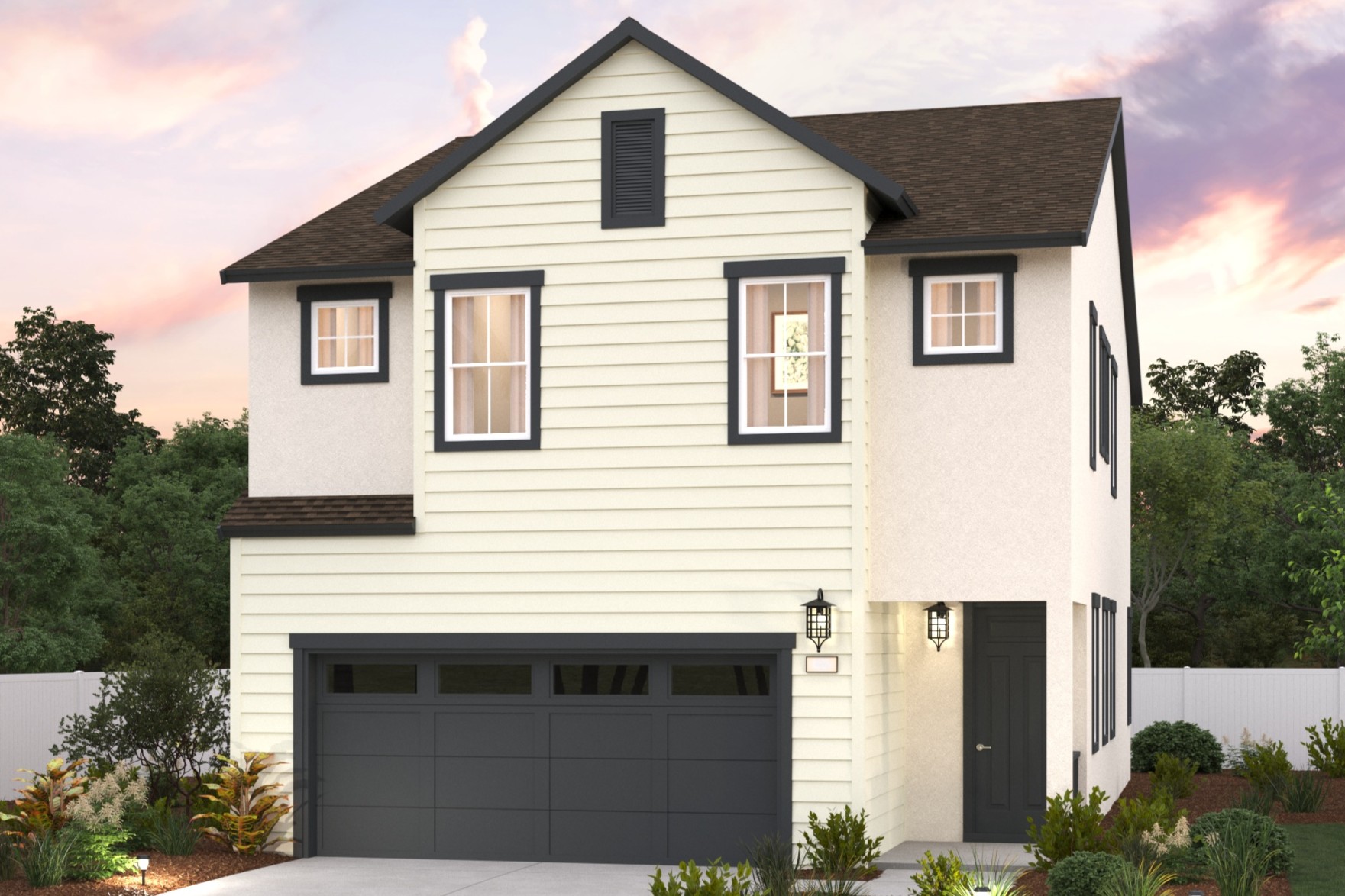 A white house with a garage.