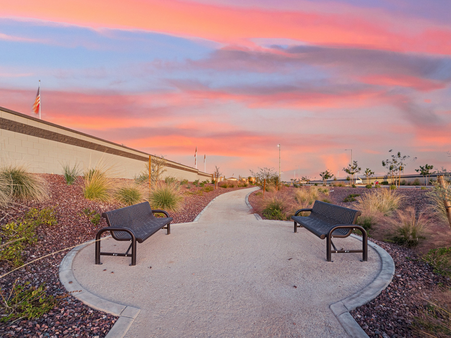Benches on a sidewalk.