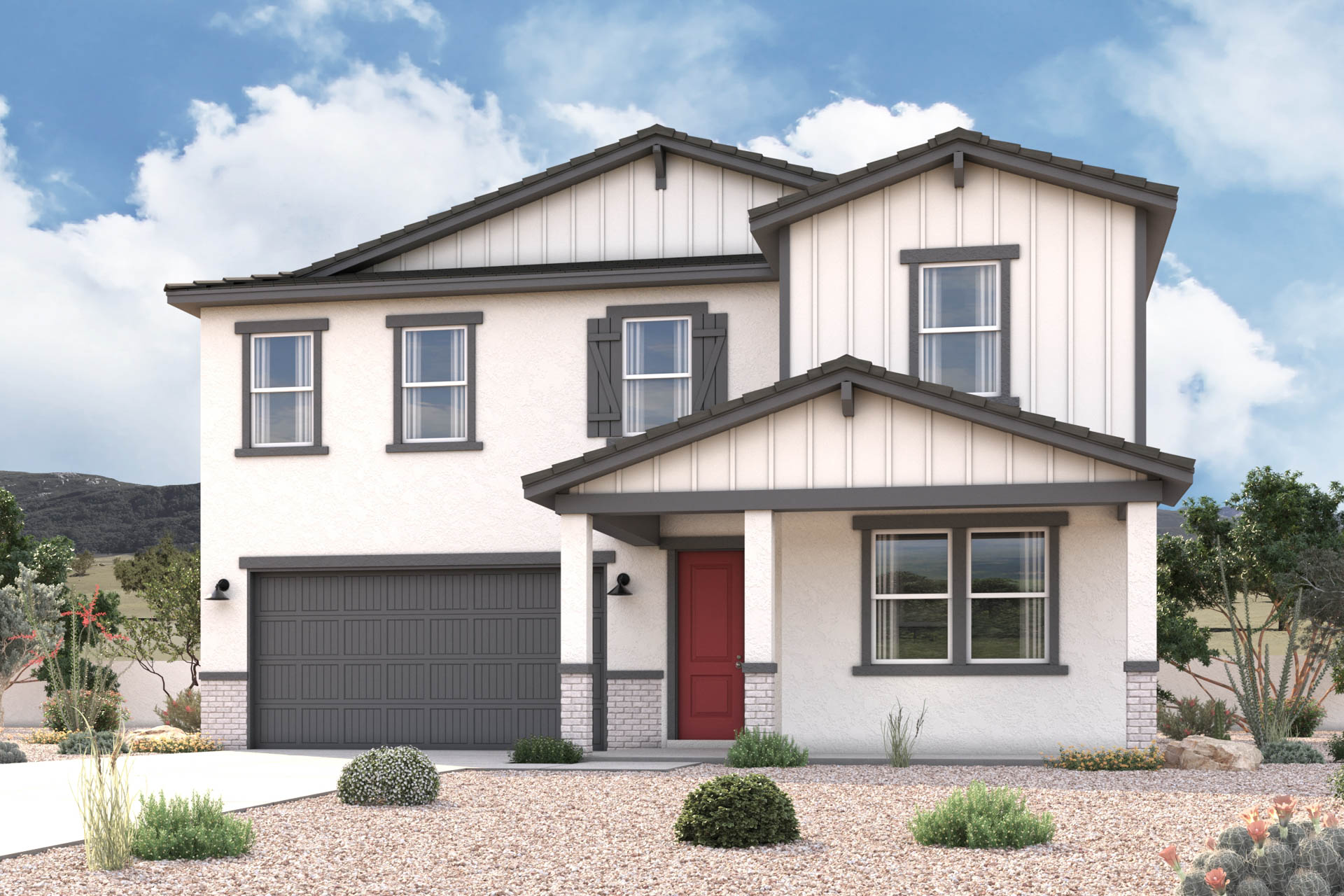 New Home farmhouse exterior elevation rendering of 2-story 4-bedroom 3-bathroom floor plan with an additional loft upstairs and study downstairs in Florence AZ Near Queen Creek USDA Loan VA Loan Eligible Near Hunt Highway with community Pool, Gym and more!