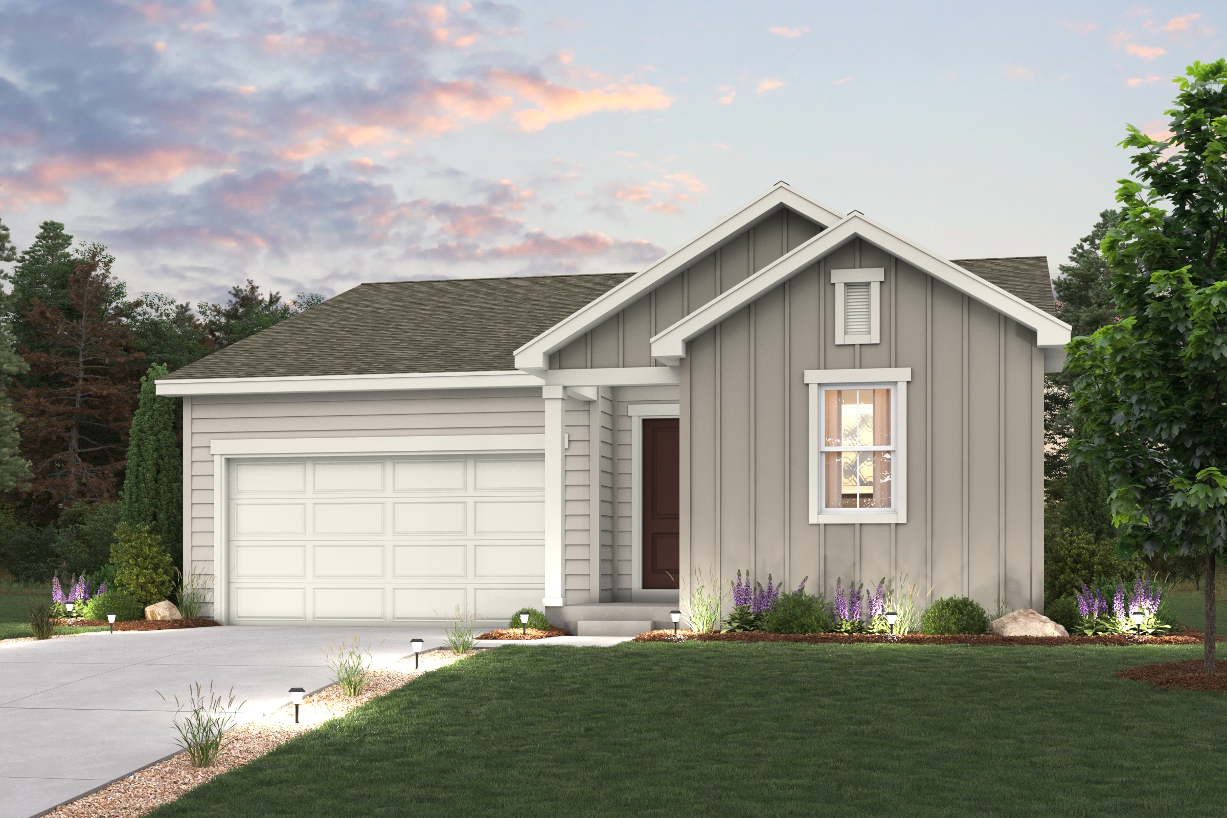 Livingston Elevation A rendering image with home illustration with landscaping and driveway