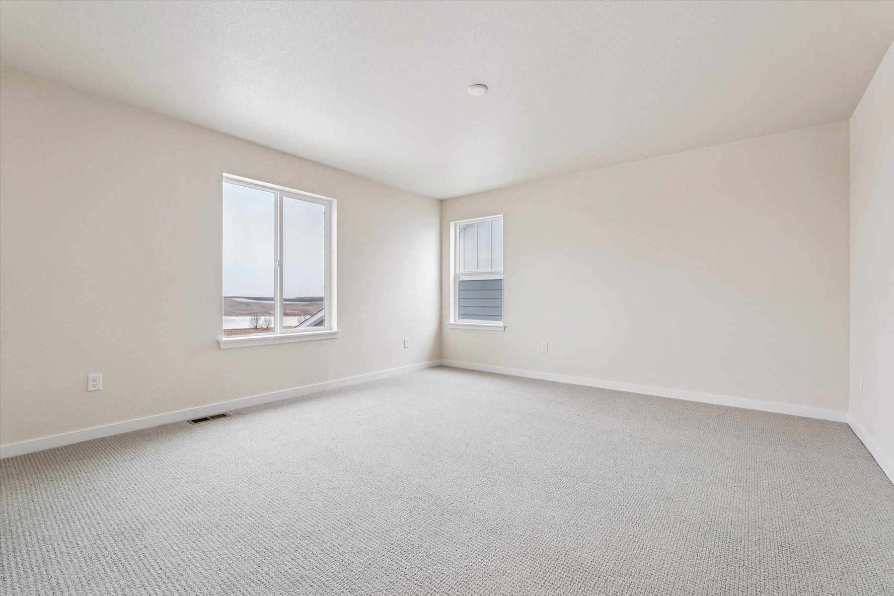 A room with a carpet and windows.