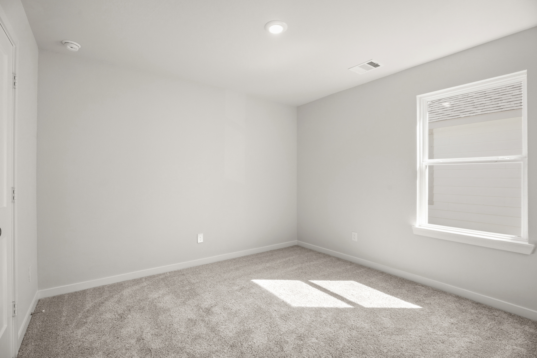 A room with a rug and a window.