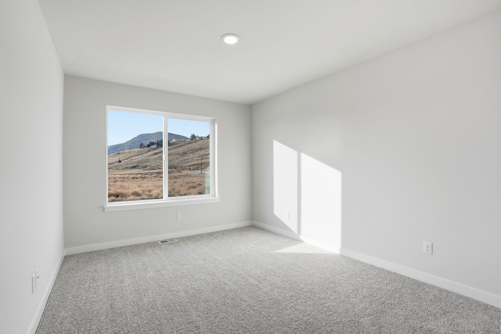 A room with a window and a carpet.