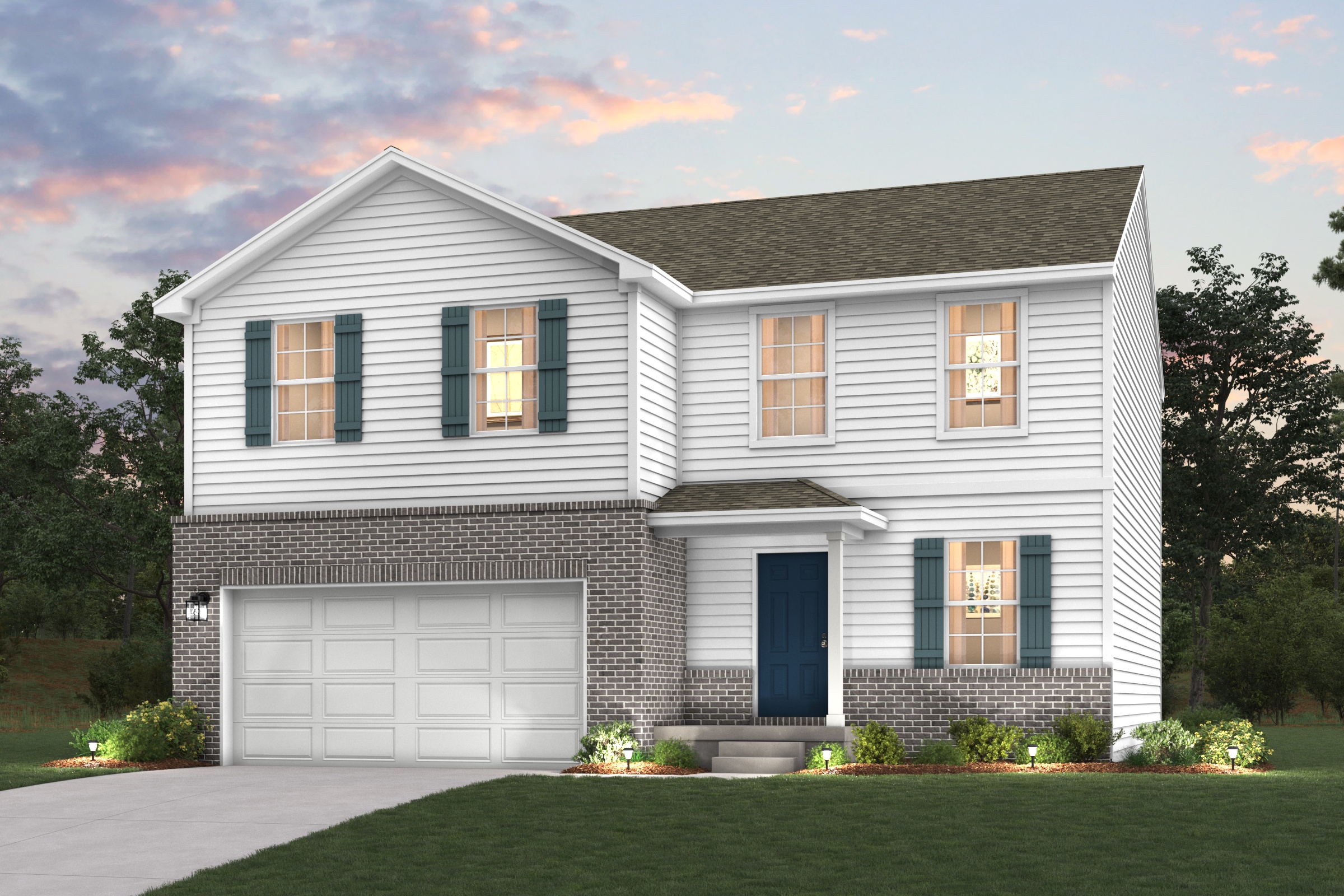 A white house with a garage.